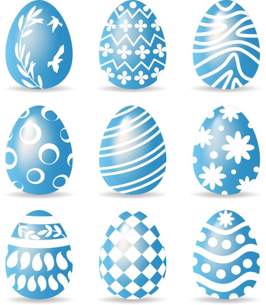 uppsättning av blå påsk ägg med de mönster uppsättning. glansig stil på vit bakgrund. vektor illustration.