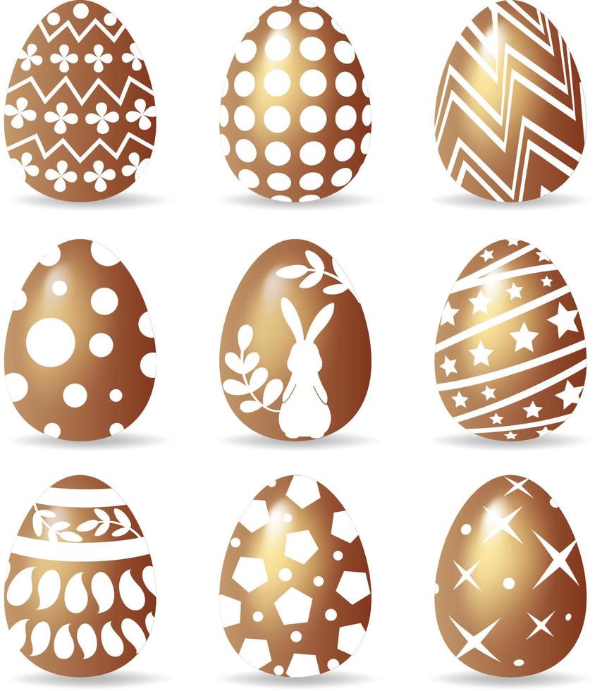 uppsättning av guld påsk ägg med de mönster uppsättning isolerat på vit bakgrund. vektor illustration.