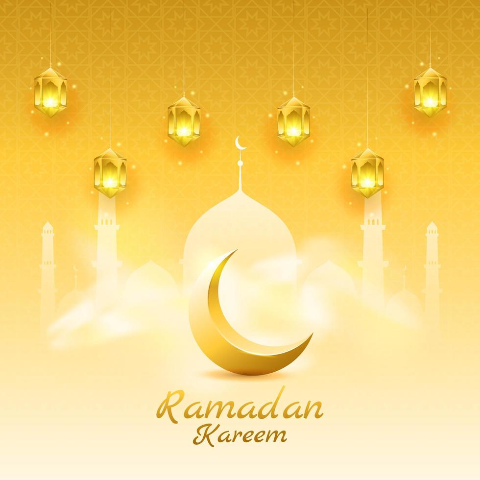 eid mubarak ramadan kareem traditionell islamic baner fyrkant mall bakgrund. realistisk lysande lykta och måne med moln. islamic religion begrepp design. vektor illustration.