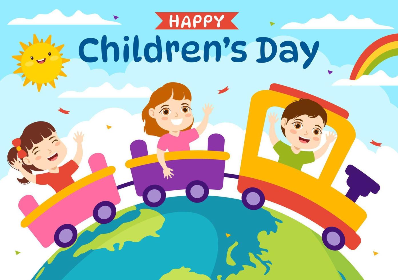 glücklich Kinder Tag Vektor Illustration mit Junge und Mädchen Kinder im Spielzeuge auf Hintergrund eben Karikatur Hand gezeichnet zum Netz Banner oder Landung Seite Vorlagen