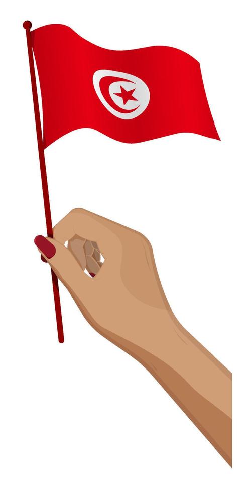 weiblich Hand sanft hält klein Republik von Tunesien Flagge. Urlaub Design Element. Karikatur Vektor auf Weiß Hintergrund