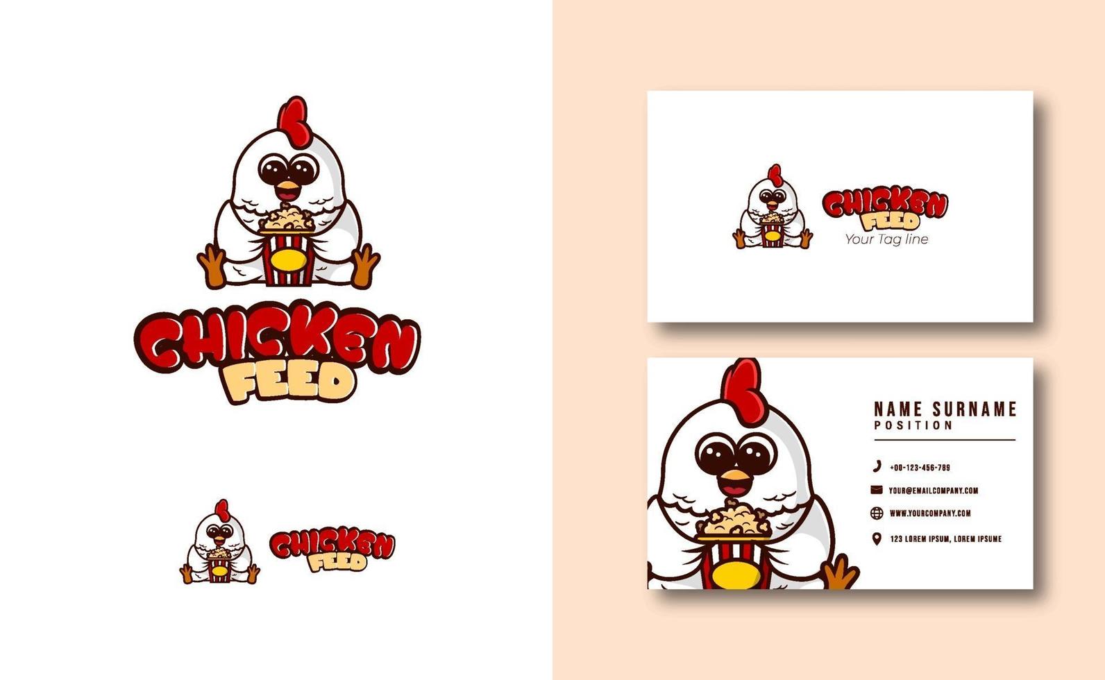 söt kyckling som äter popcornmaskot logo visitkort mall vektor