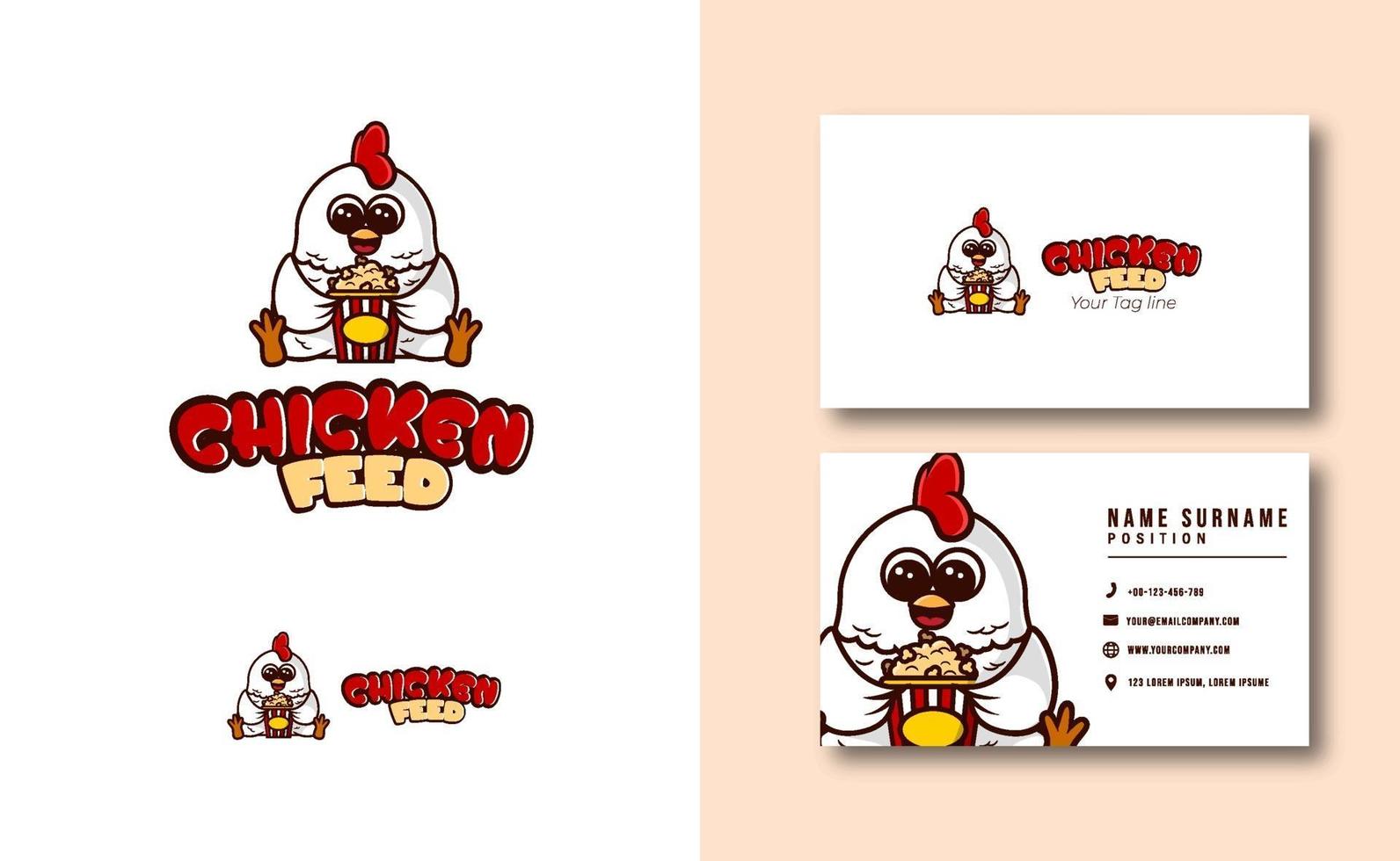 niedliches Huhn, das Popcornmaskottchenlogo-Visitenkartenschablone isst vektor