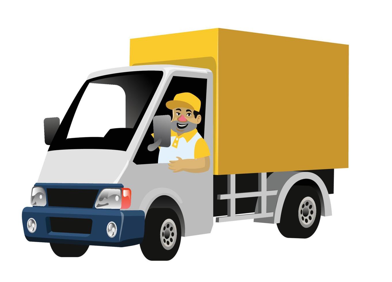 Lycklig arbetstagare körning leverans lastbil låda vektor