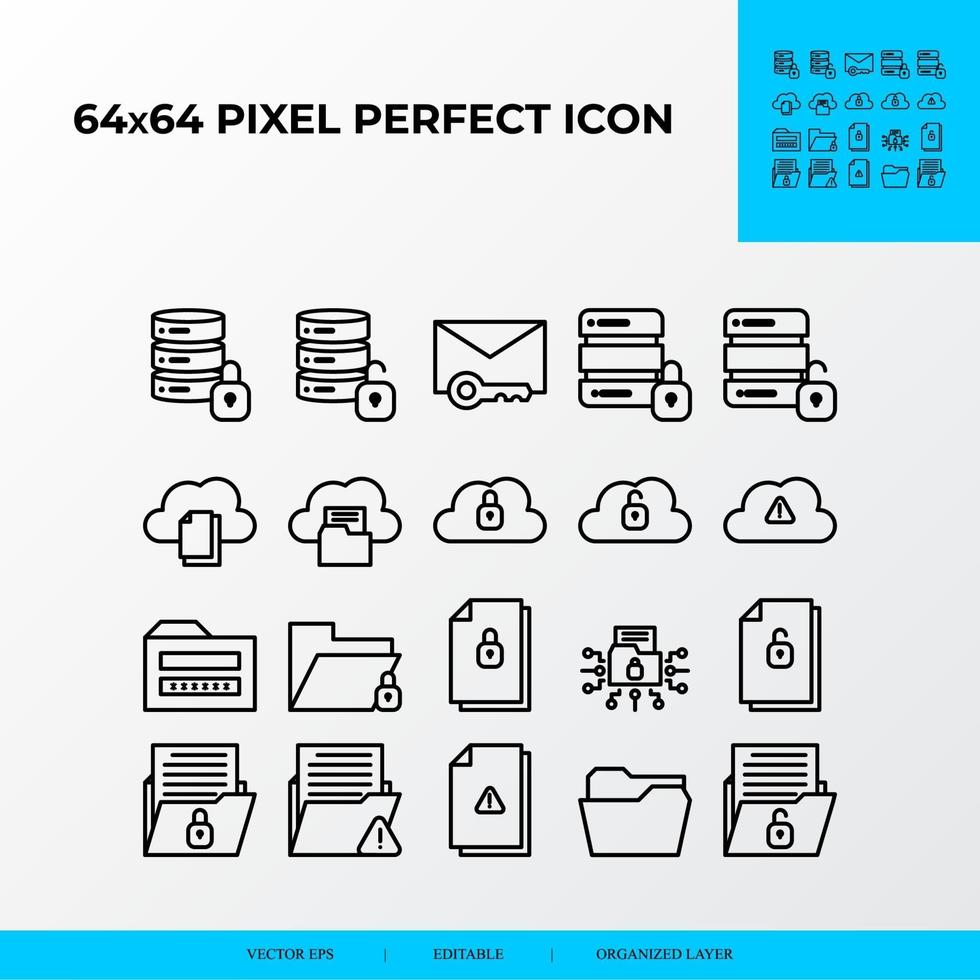 Satz von Sicherheit und private Datei Vektor Linie Symbol Stil. Cloud-Sicherheit, Big-Data-Sicherheit. 64x64 Pixel perfekt