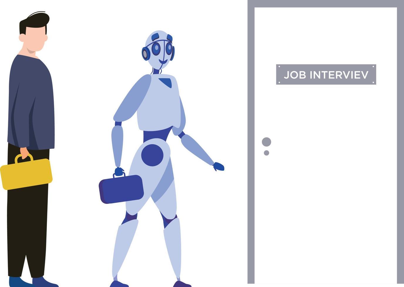ein Junge und ein Roboter Stehen draußen ein Job Interview Zimmer. vektor