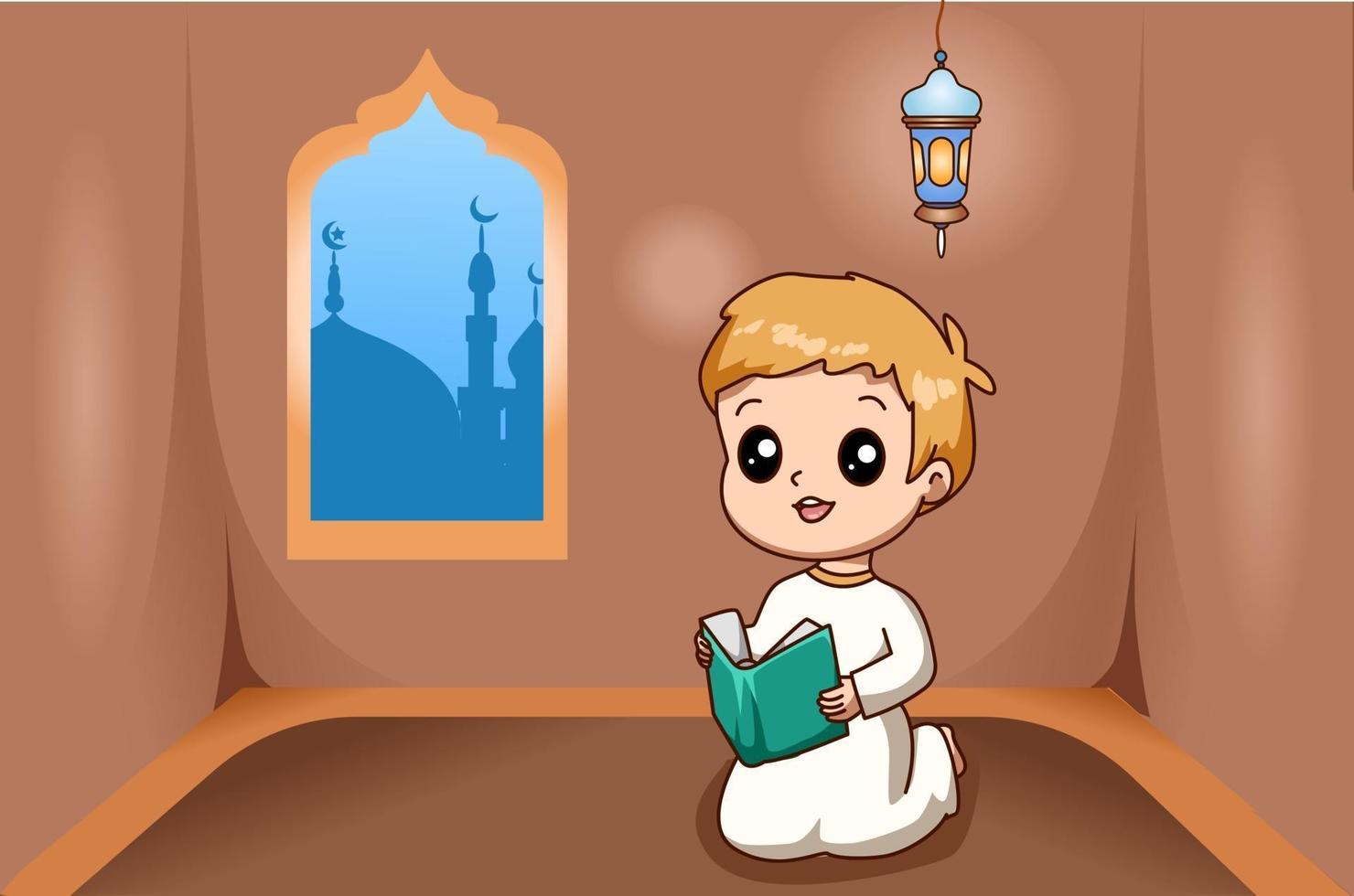 kleiner muslimischer Junge, der ein Buch an der Karikaturillustration des Ramadan Kareem liest vektor