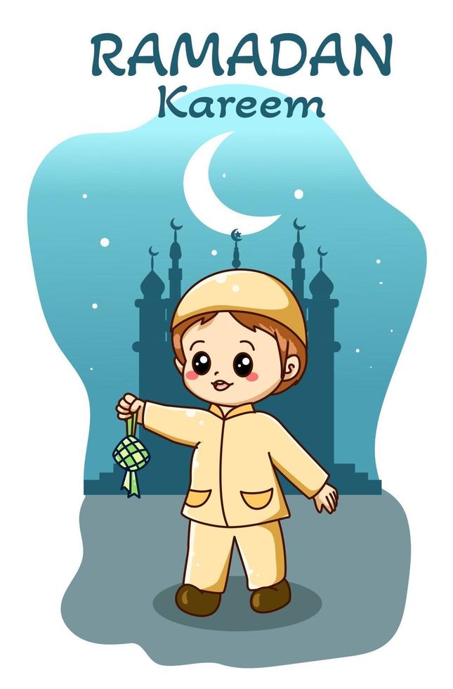 glückliches Fasten des muslimischen Jungen an der Ramadan-Karikaturillustration vektor