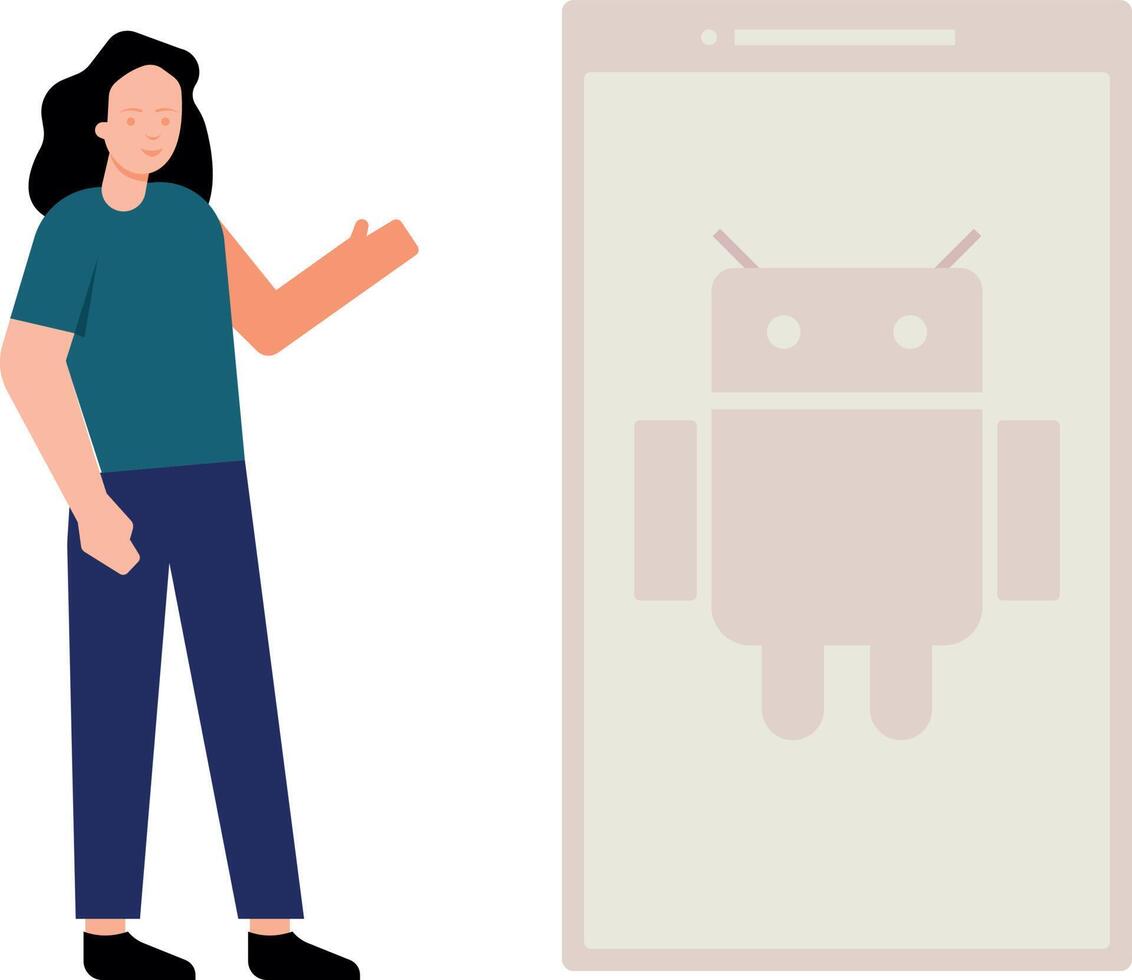 Mädchen zeigen Android Telefon Gerät. vektor