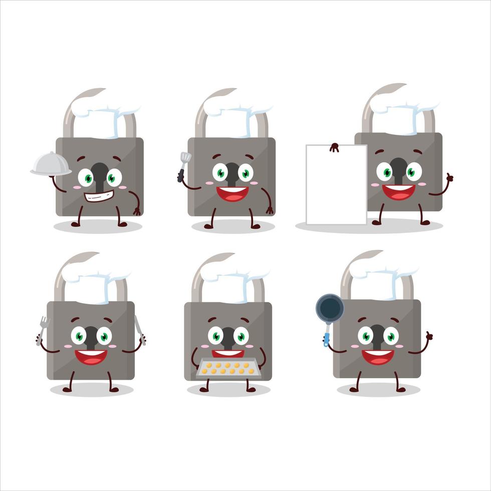 tecknad serie karaktär av låsa med olika kock uttryckssymboler vektor