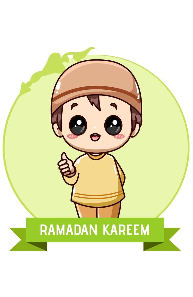 kleiner muslimischer Junge bei Ramadan Kareem Karikaturillustration vektor