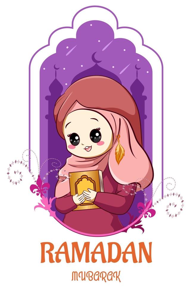 süßes muslimisches Mädchen mit Koran bei Ramadan Kareem Cartoon Illustration vektor