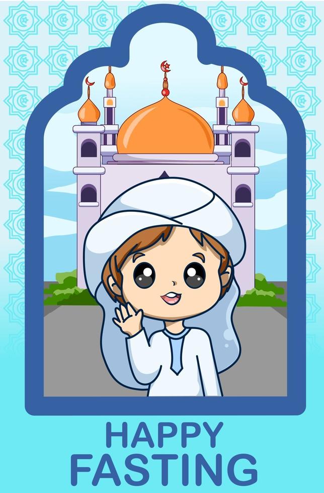 glad fastande liten muslimsk pojke i ramadan kareem tecknad illustration vektor