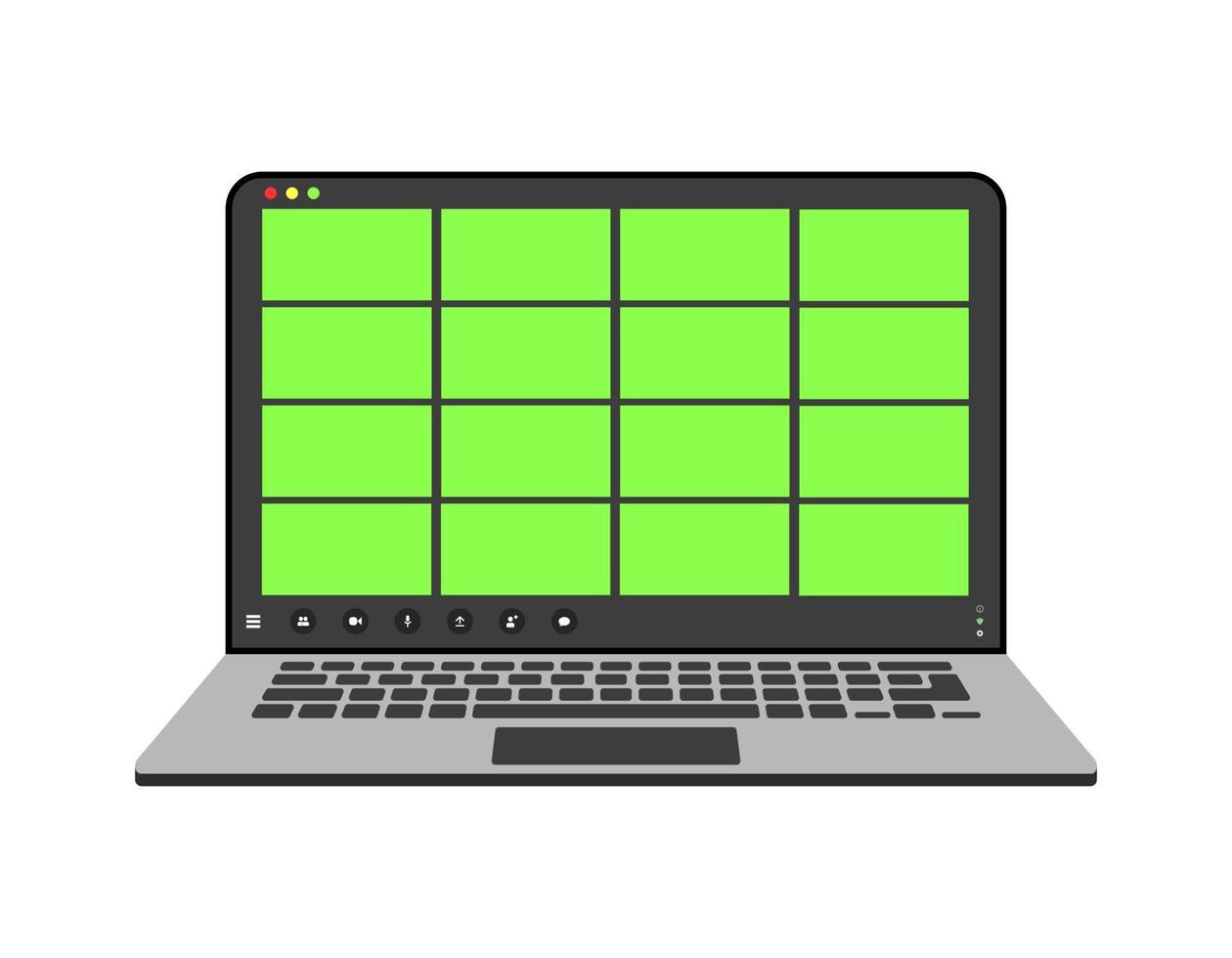 videosamtal gränssnitt, video ring upp skärm ikoner och ui mall för bärbar dator, vektor täcka över. video konferens eller videosamtal uppkopplad chatt attrapp med Chromakey för bärbar dator Ansökan. sexton användare