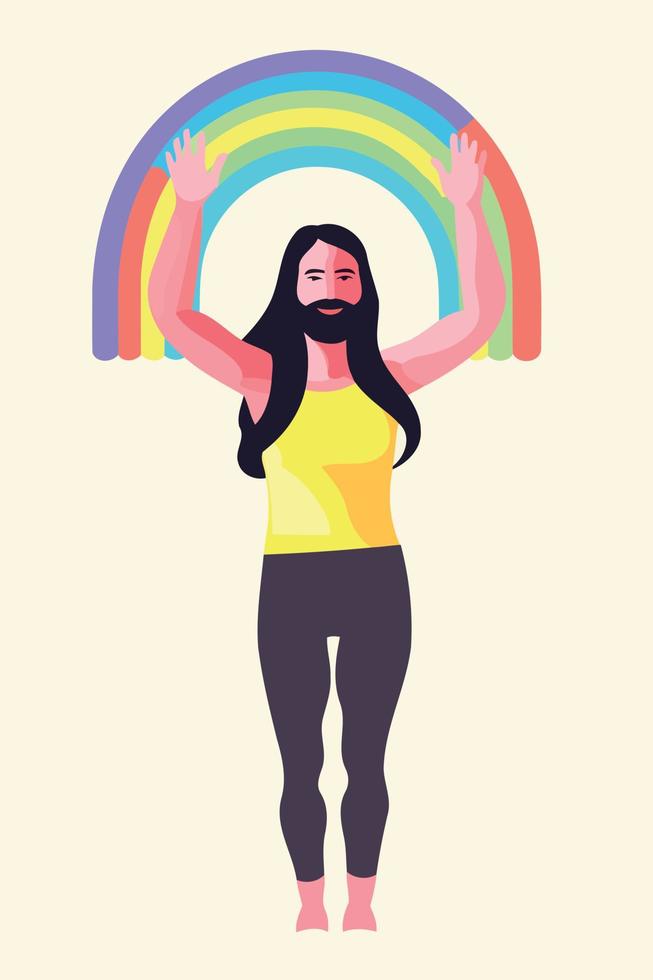 Person mit lange Haar und Bart halten Regenbogen vektor