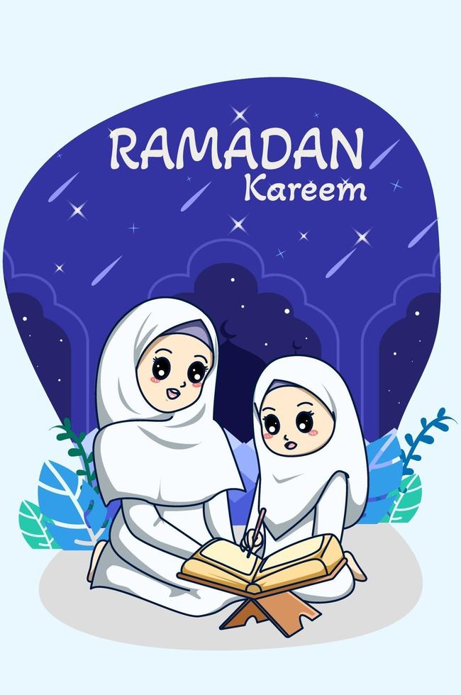 muslimska flickor läser koranen på ramadan kareem tecknad illustration vektor