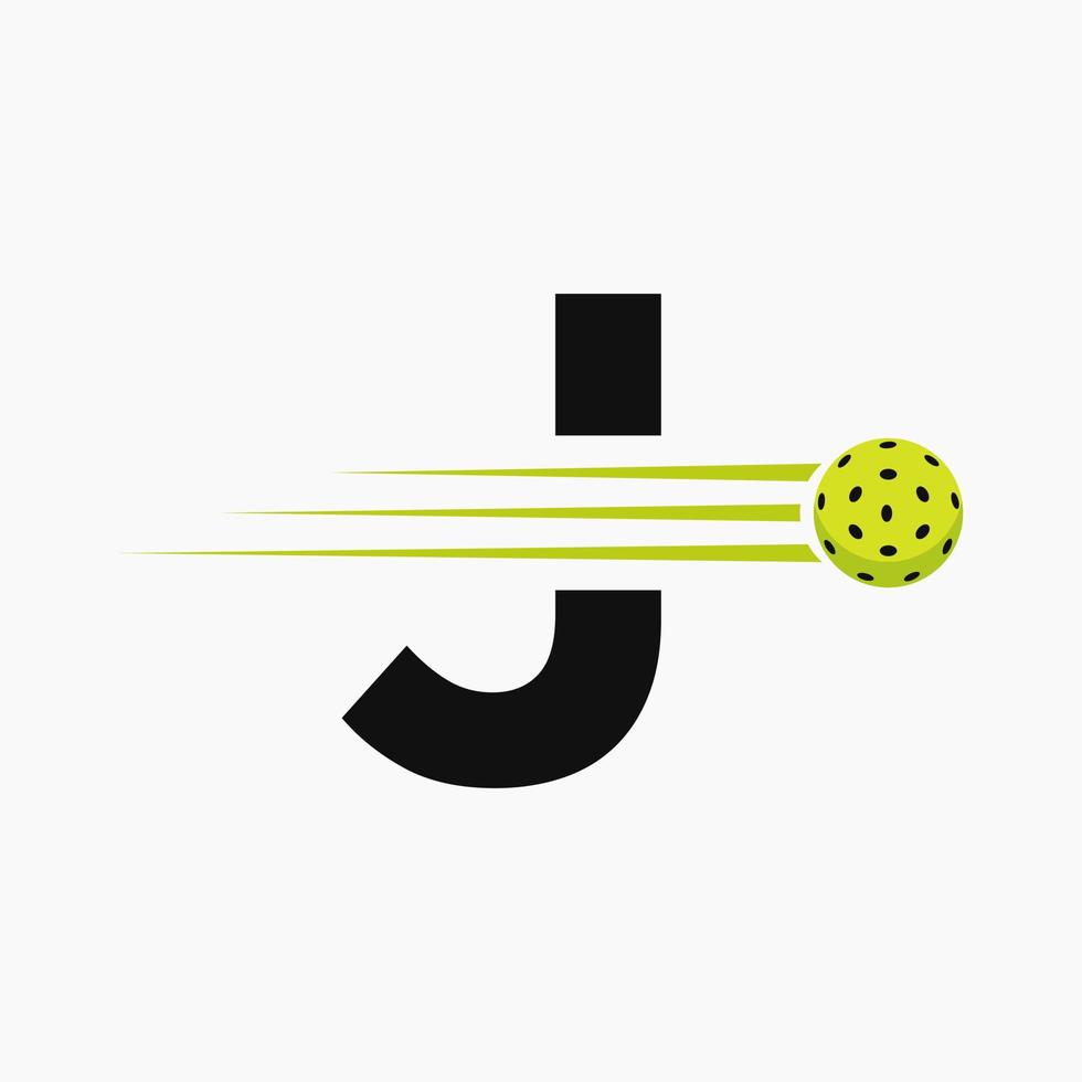 Brief j Pickleball Logo Symbol. Essiggurke Ball Logo Vektor Vorlage