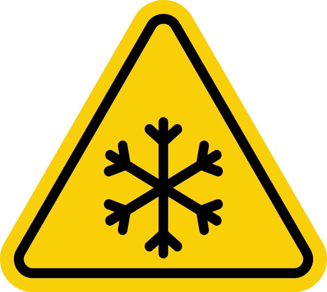 snöfall tecken. snöfall varning tecken. gul triangel tecken med en snöflinga ikon inuti. varning, snöfall, hal väg. väg tecken snöfall. snö och is tecken. vektor