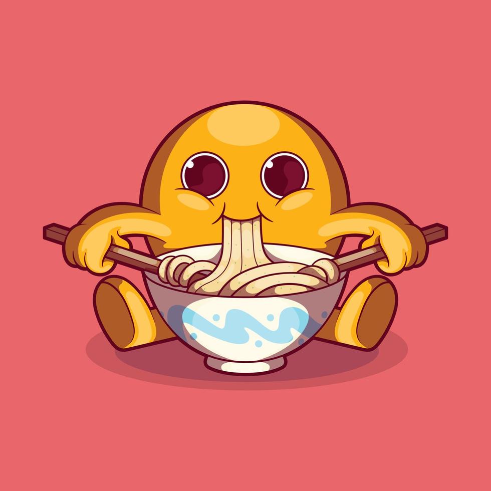 emoji karaktär äter en skål av Ramen med ätpinnar vektor illustration. mat, rolig, varumärke design begrepp.