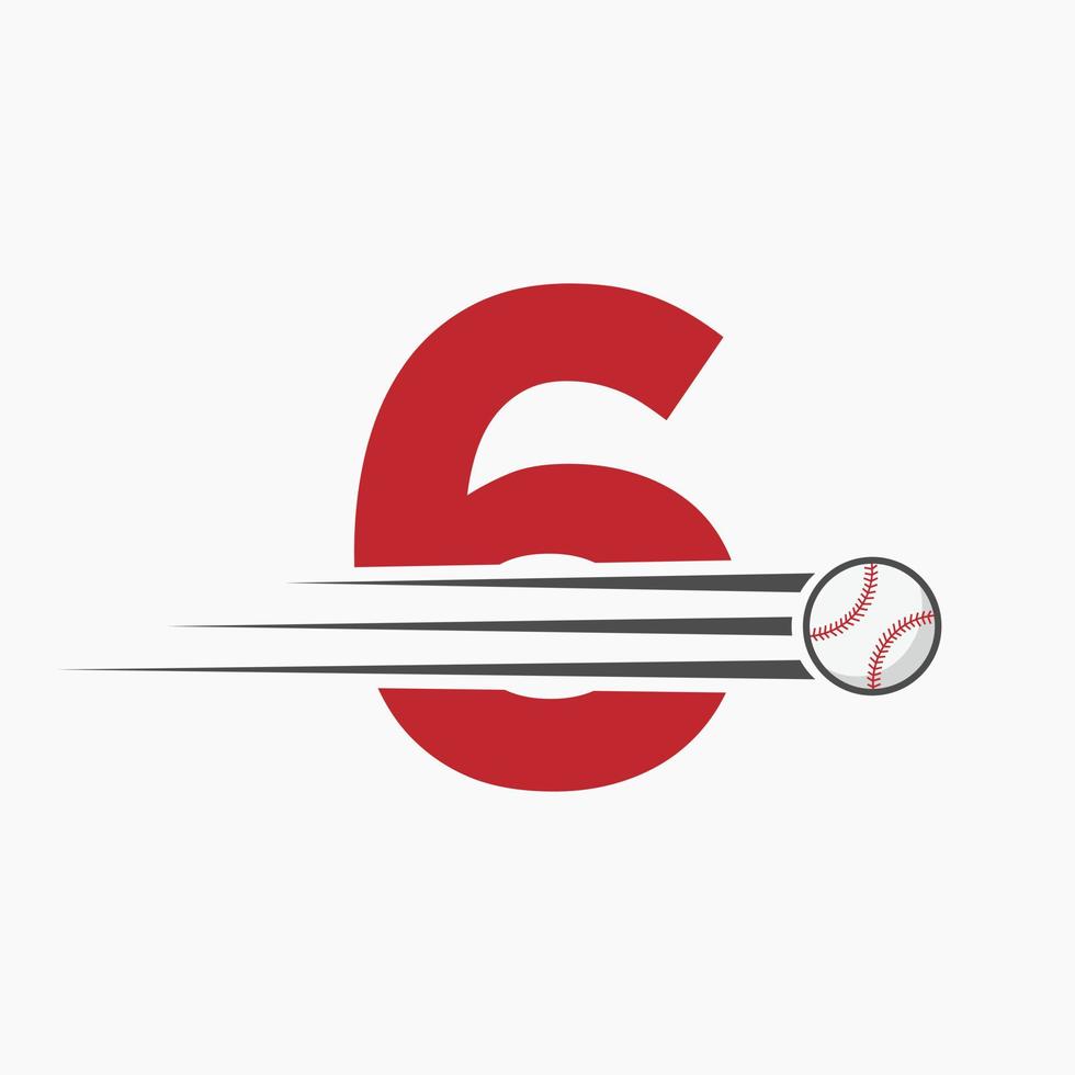 första brev 6 baseboll logotyp med rör på sig baseboll ikon vektor