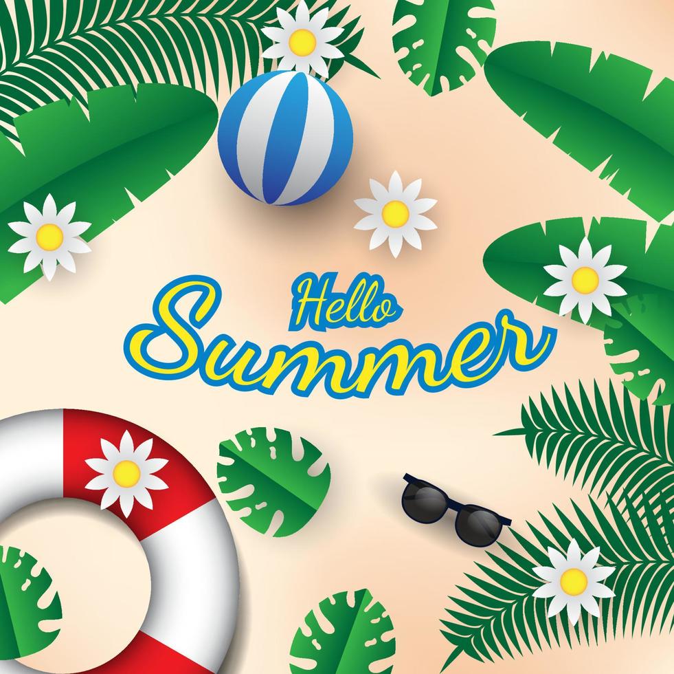 Sommer- Hintergrund Vektor Design mit Blätter, Blumen, Strand Ball und Sonnenbrille. geeignet zum Sozial Medien Post, Gruß, usw.