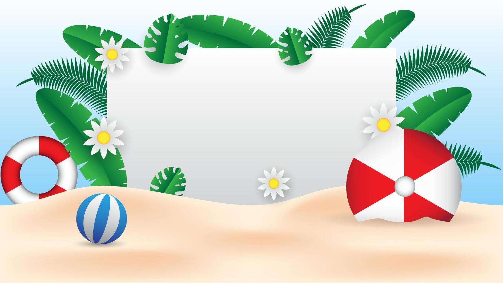 Sommer- Banner Hintergrund mit Blätter, Blume, Regenschirm, Strand Ball, Sonnenbrille und Weiß Tafel zum das Text vektor