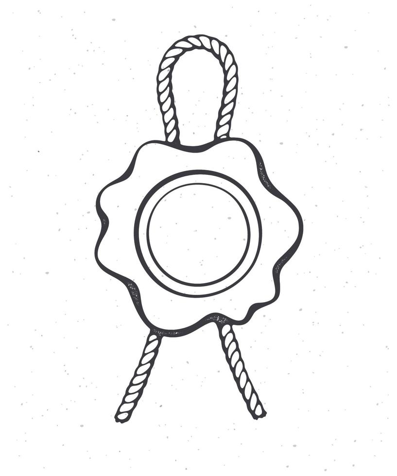 Jahrgang Wachs Siegel mit Jute Seil. Umriss. Sicherheit Briefmarke mit Schnur zum retro Post. Symbol von Geheimnis Botschaft. Vektor Illustration. Hand gezeichnet skizzieren. isoliert Weiß Hintergrund. Grafik zum Menüs