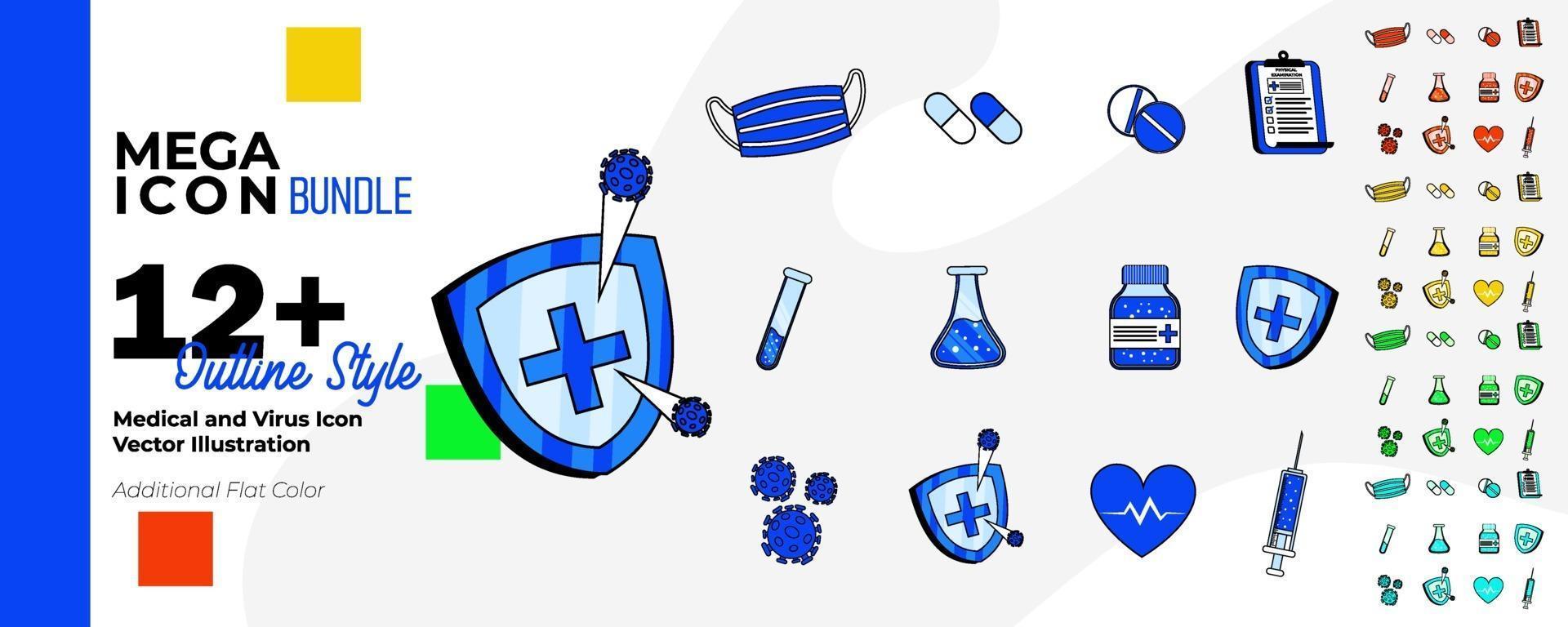 medicinsk och hälsovård ikonuppsättning med en färgstil och konturteckningar. vektor illustration