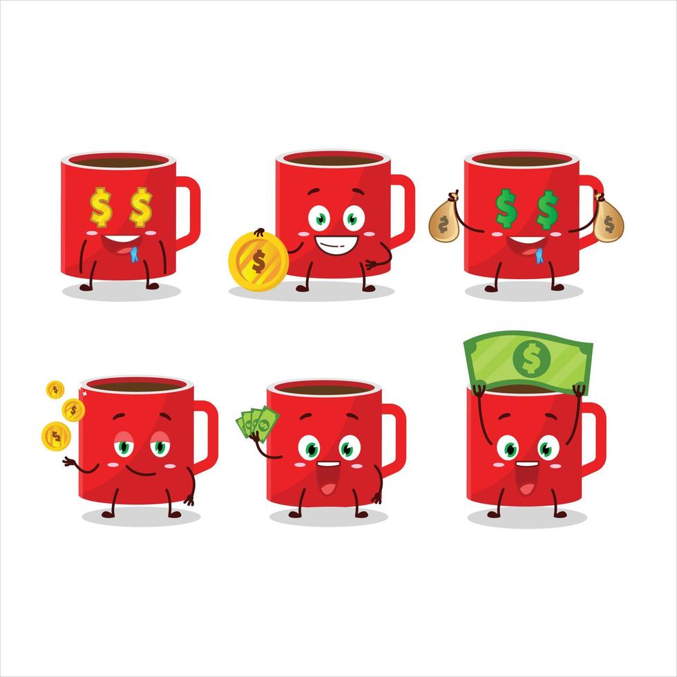 Glas von Kaffee Karikatur Charakter mit süß Emoticon bringen Geld vektor