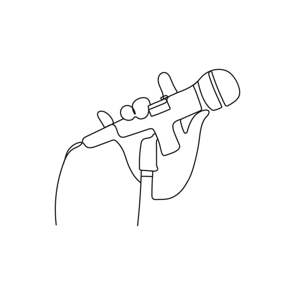 Hand halten verdrahtet Mikrofon. einer Linie Kunst. Stehen Mikrofon. Hand gezeichnet Vektor Illustration.