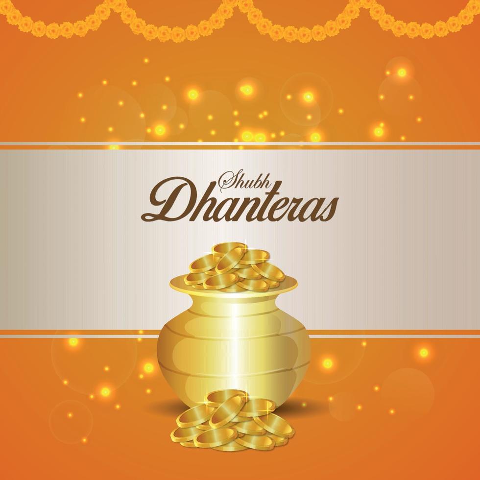 kreativ illustration av shubh dhanteras inbjudningskort med guldmyntkruka med kreativ bakgrund vektor