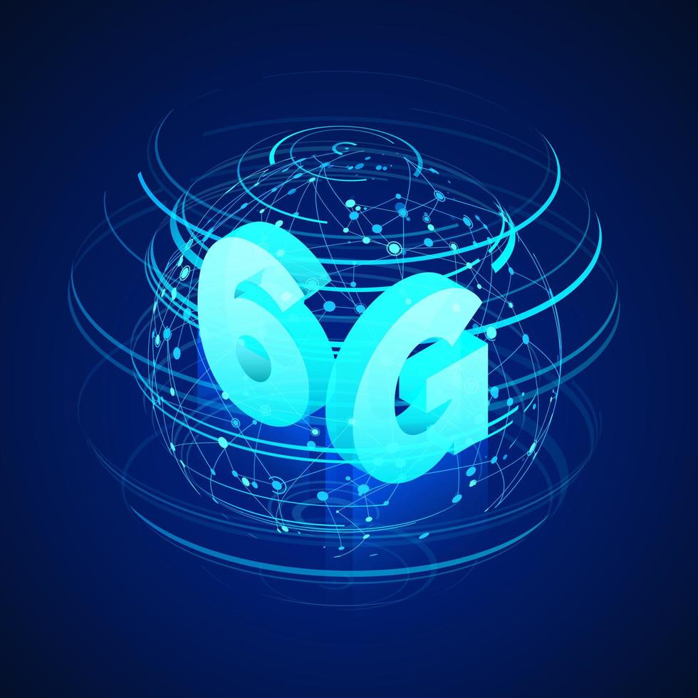 hoch Geschwindigkeit 6g global Handy, Mobiltelefon Netzwerke. Geschäft isometrisch Illustration global Netzwerk Hologramm und Text 6g. modern Daten Transfer Technologie. kabellos Netz Banner. Vektor