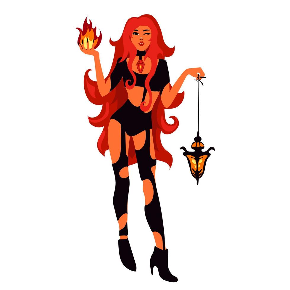 ein schön jung Hexe von Rot, Orange Farbe mit ein Feuer und ein Straße Lampe im ihr Hände. Halloween Kostüm Konzept. modern Vektor Illustration Hand gezeichnet. Vorlagen von Plakate Aufkleber zum das Urlaub