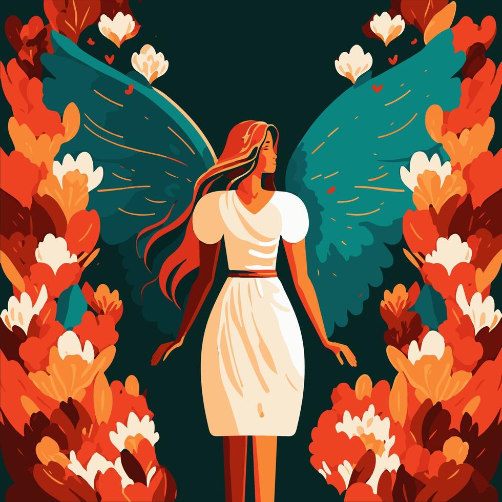 modern jung Frau Charakter Stehen mit Engel Flügel auf Blumen- Hintergrund vektor
