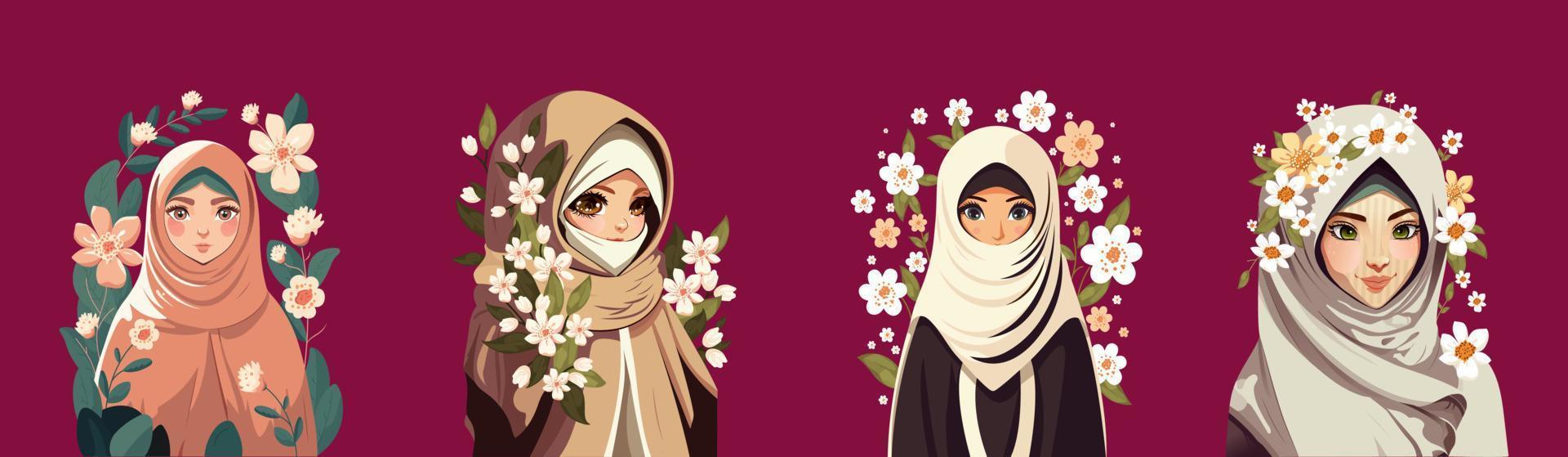 muslim ung kvinnor tecken bär hijab och dekorativ blommig på mörk rosa bakgrund. vektor