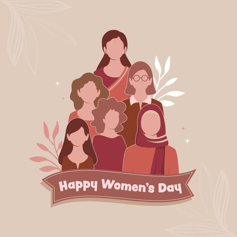 glücklich Damen Tag Konzept mit gesichtslos jung Frauen Zeichen Gruppe auf Pastell- braun Hintergrund. vektor