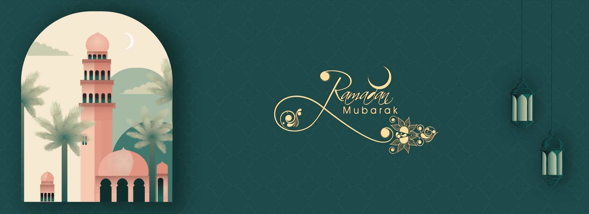 Ramadan Mubarak Banner Design mit Nahansicht von Moschee, Palme Bäume auf hängend Lampen dekoriert blaugrün Hintergrund. vektor
