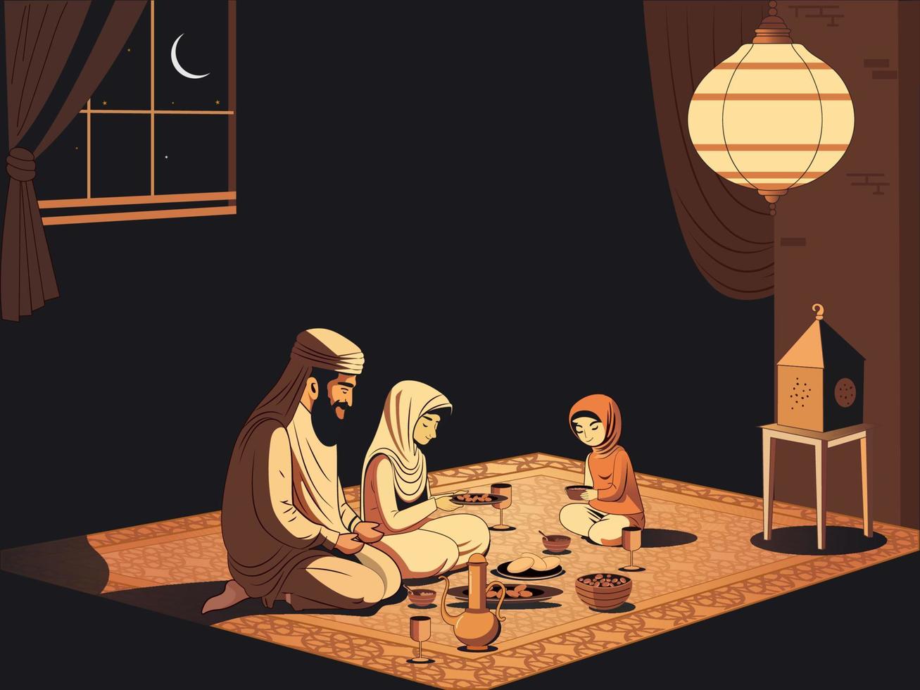 arabisch Familie Charakter genießen köstlich Mahlzeiten zusammen auf Teppich und Decke Lampe im Nacht Zeit. islamisch Festival Konzept. vektor