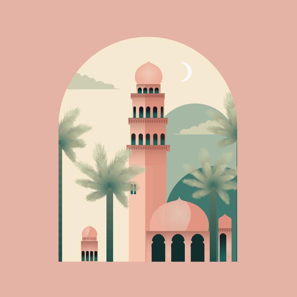 islamic festival hälsning kort med närbild av moské, handflatan träd på halvmåne måne rosa bakgrund och kopia Plats. vektor