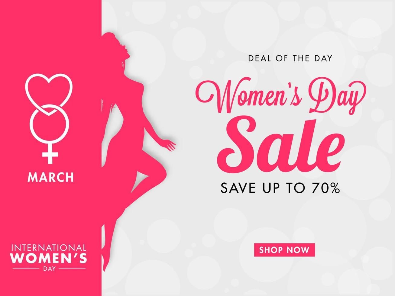 International Damen Tag Verkauf Poster Design mit Rabatt Angebot und Papier Schnitt Silhouette Frau auf Rosa und Weiß verwischen Hintergrund. vektor