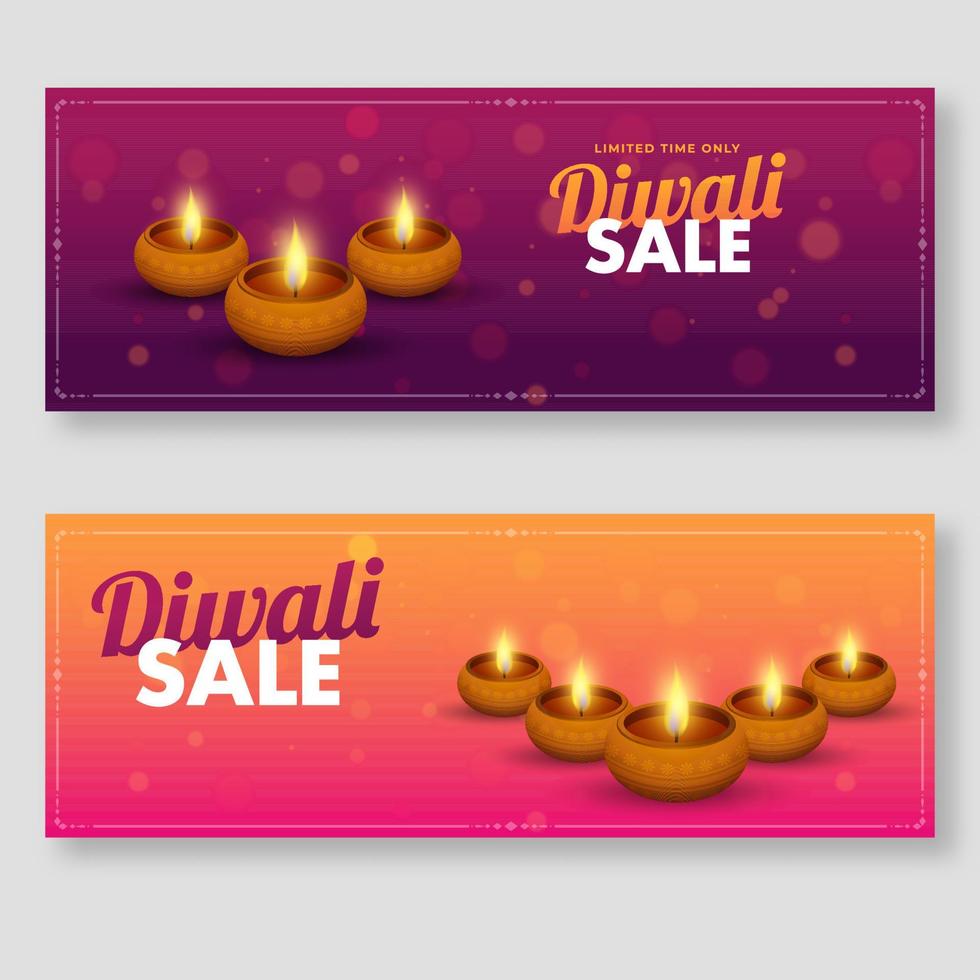 Diwali Verkauf Header oder Banner Design im zwei Farbe Optionen mit zündete Öl Lampen. vektor