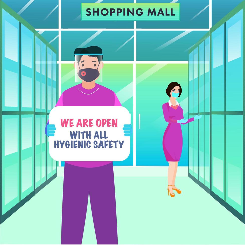 Karikatur Mann tragen schützend Maske mit Gesicht Schild und wir sind öffnen mit alle hygienisch Sicherheitsmeldung Tafel halt und modern Frau im Einkaufen Einkaufszentrum. vektor