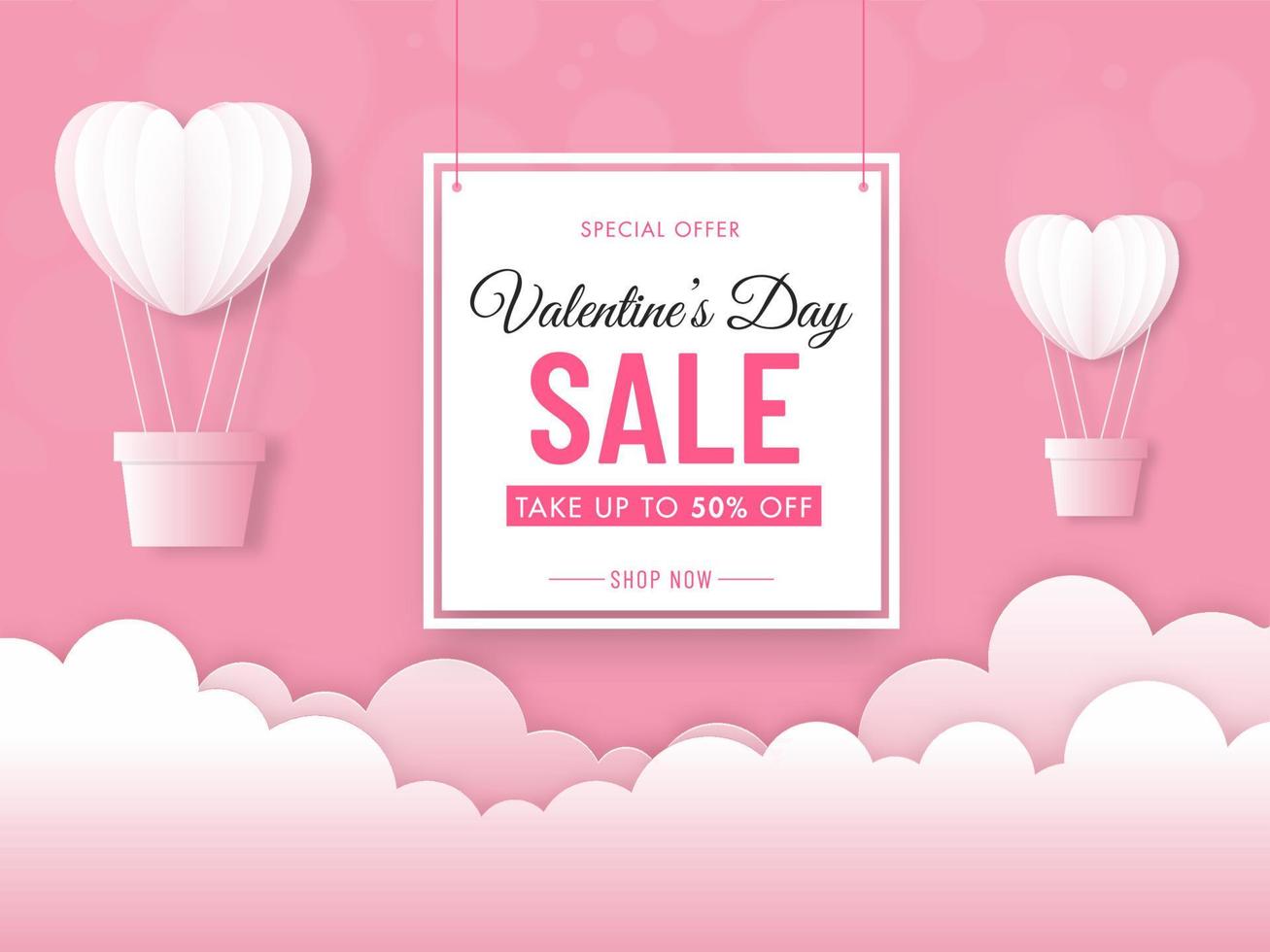 Valentinsgrüße Tag Verkauf Poster Design mit Rabatt Angebot, heiß Luft Luftballons auf Papier Schnitt Wolken Hintergrund. vektor