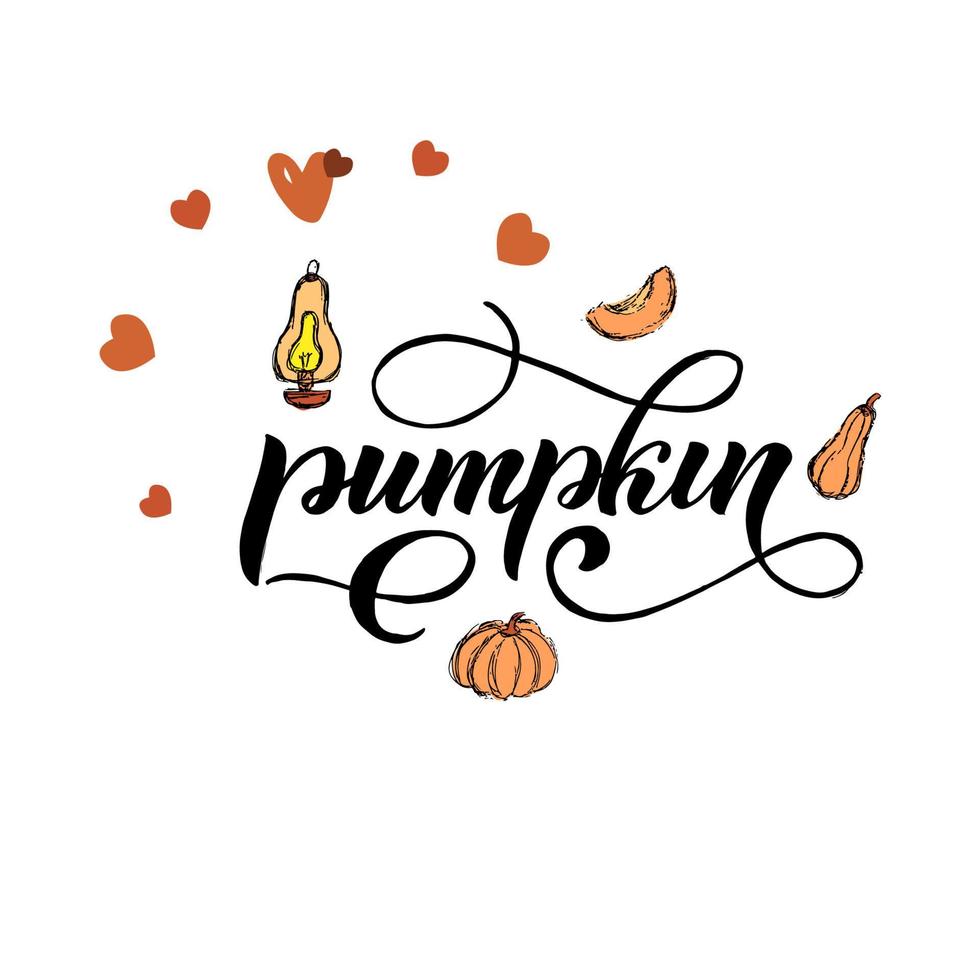 pumpa text inskrift. vektor illustration. för Hem dekor, affischer, kort, för kaffe butiker, banderoller, vykort. tacksägelse, halloween humör.