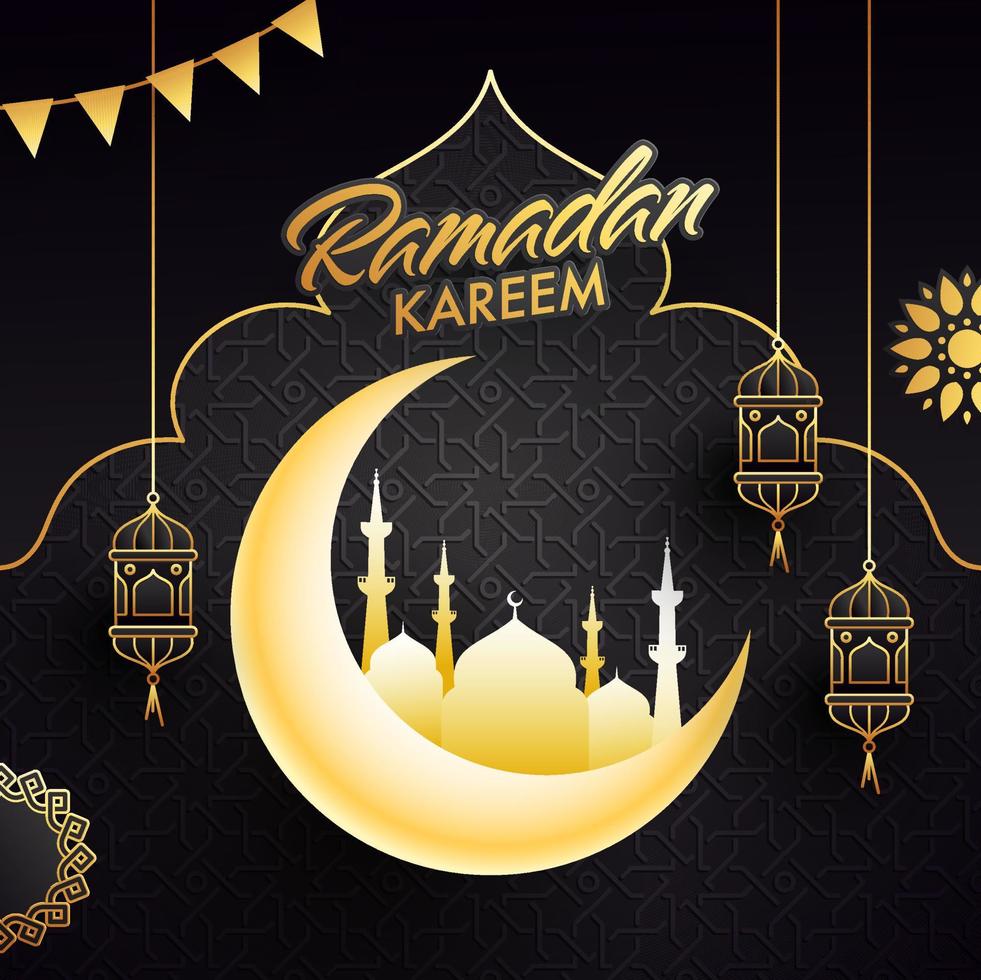 islamisch heilig Monat von Ramadan kareem Konzept mit golden Halbmond Mond Moschee Ammer Flaggen hängend Laternen. vektor
