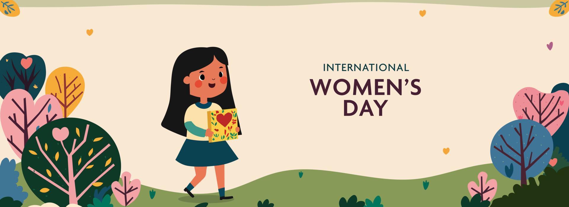 International Damen Tag Banner Design mit jung Mädchen Charakter halten Box auf Natur Hintergrund. vektor