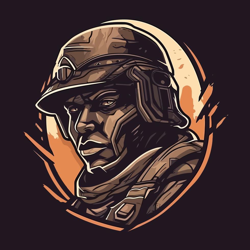 en logotyp av en soldatens huvud, designad i esports illustration stil vektor