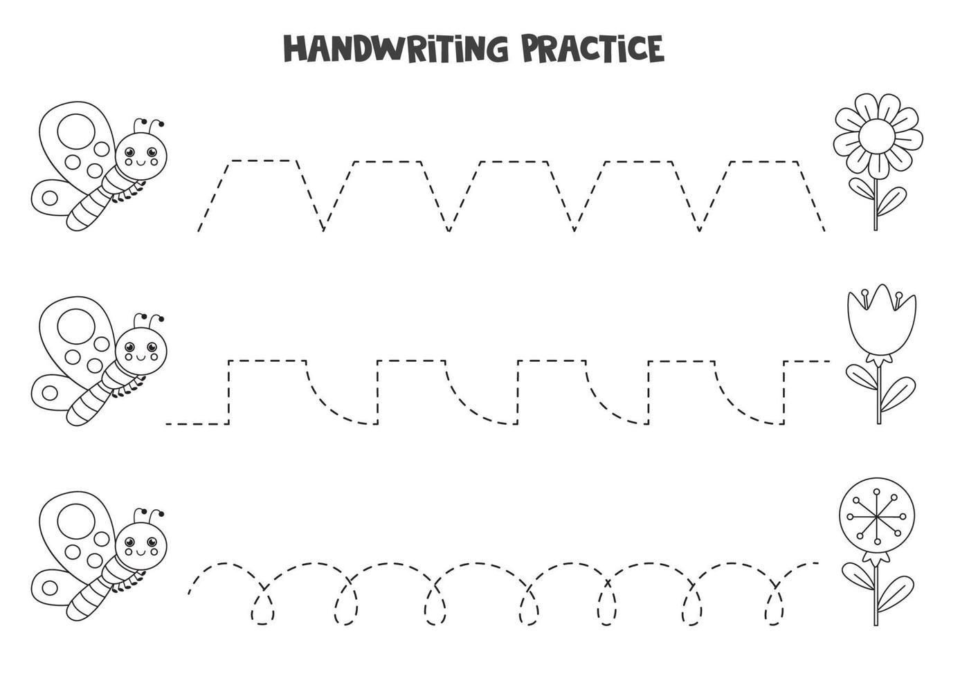 Linien mit schwarz-weißem Schmetterling und Blumen verfolgen. Schreiberfahrung. vektor