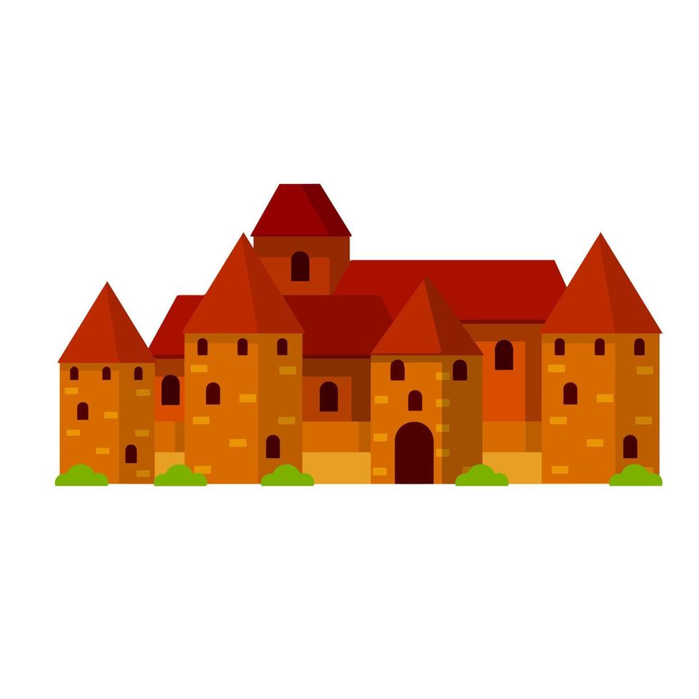 medeltida fästning med torn och väggar. trakai slott. lithuanian turist attraktion. gammal europeisk stad. historisk byggnad av riddare. röd hus. platt tecknad serie vektor