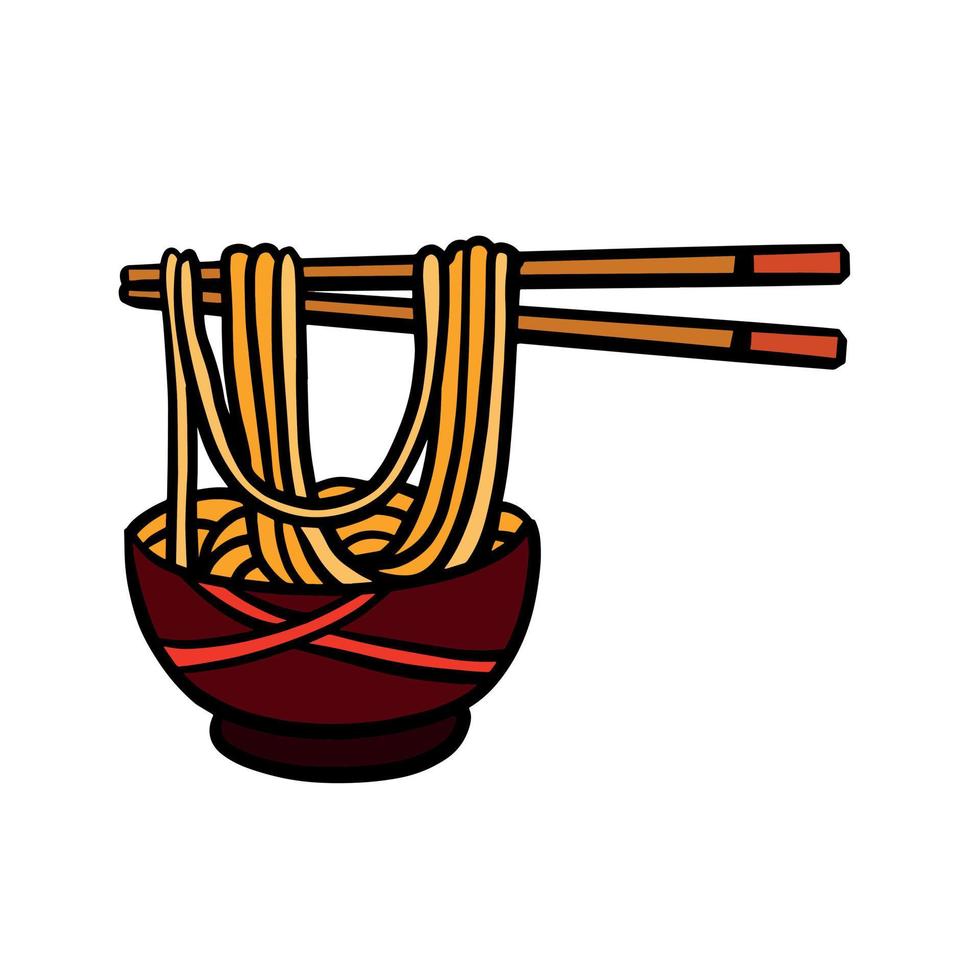 Ramen spaghetti och trä- pinnar. ätpinnar med lång pasta. asiatisk japansk och kinesisk mat. tecknad serie illustration vektor